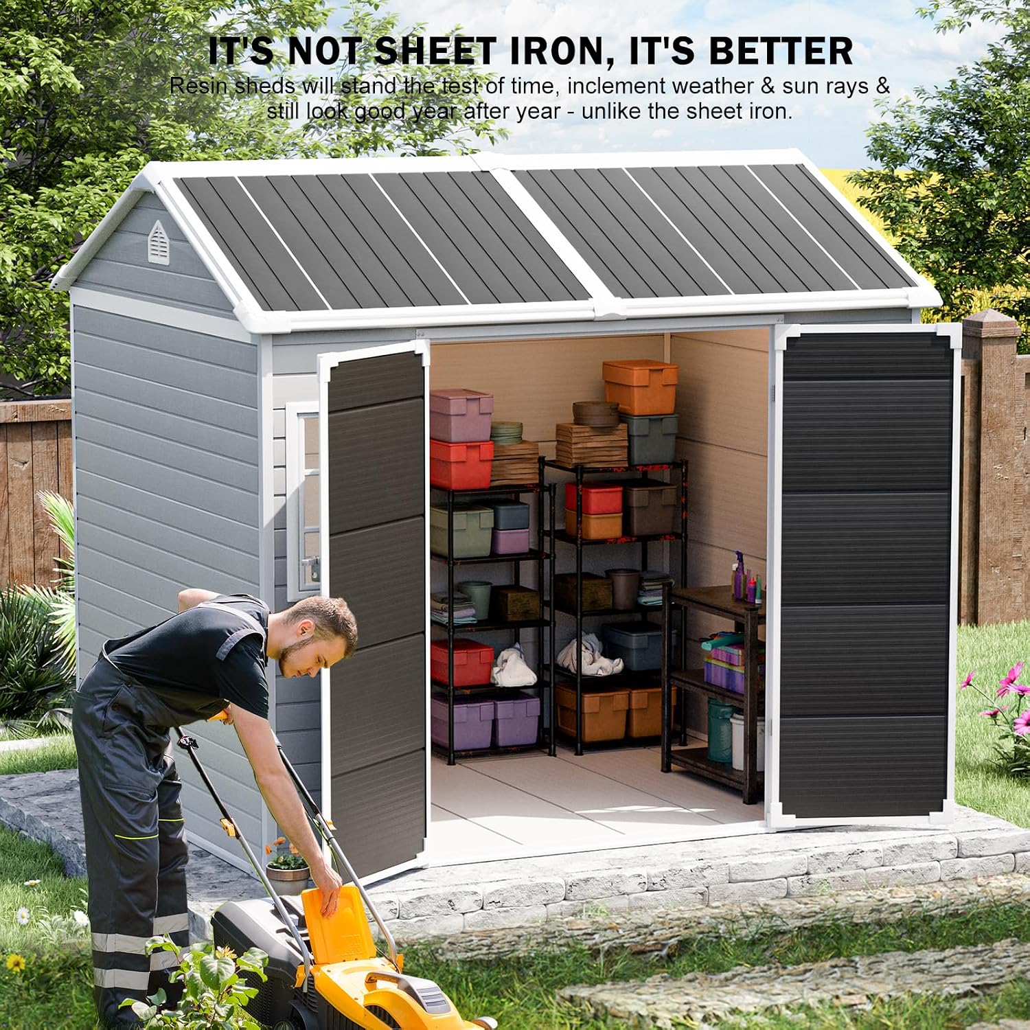 Gardening Tools In - โรงเก็บของเรซินพร้อมพื้นและหน้าต่างเปิดได้, บ้านเก็บเครื่องมือทำสวนกลางแจ้ง ขนาด 8x6 ฟุต, ปรับแต่งได้