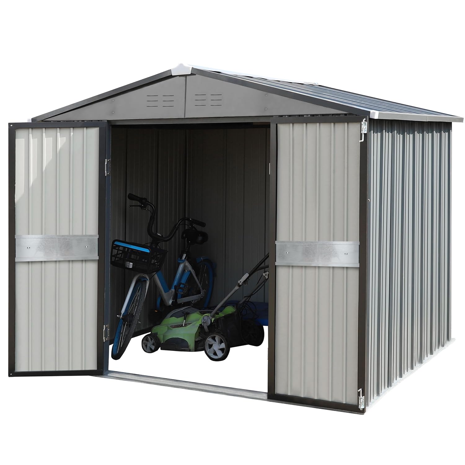 Gardening Tools In - โรงเก็บของกลางแจ้งขนาด 10' x 10' พร้อมประตูคู่, โรงเก็บของโลหะสำหรับสวน,