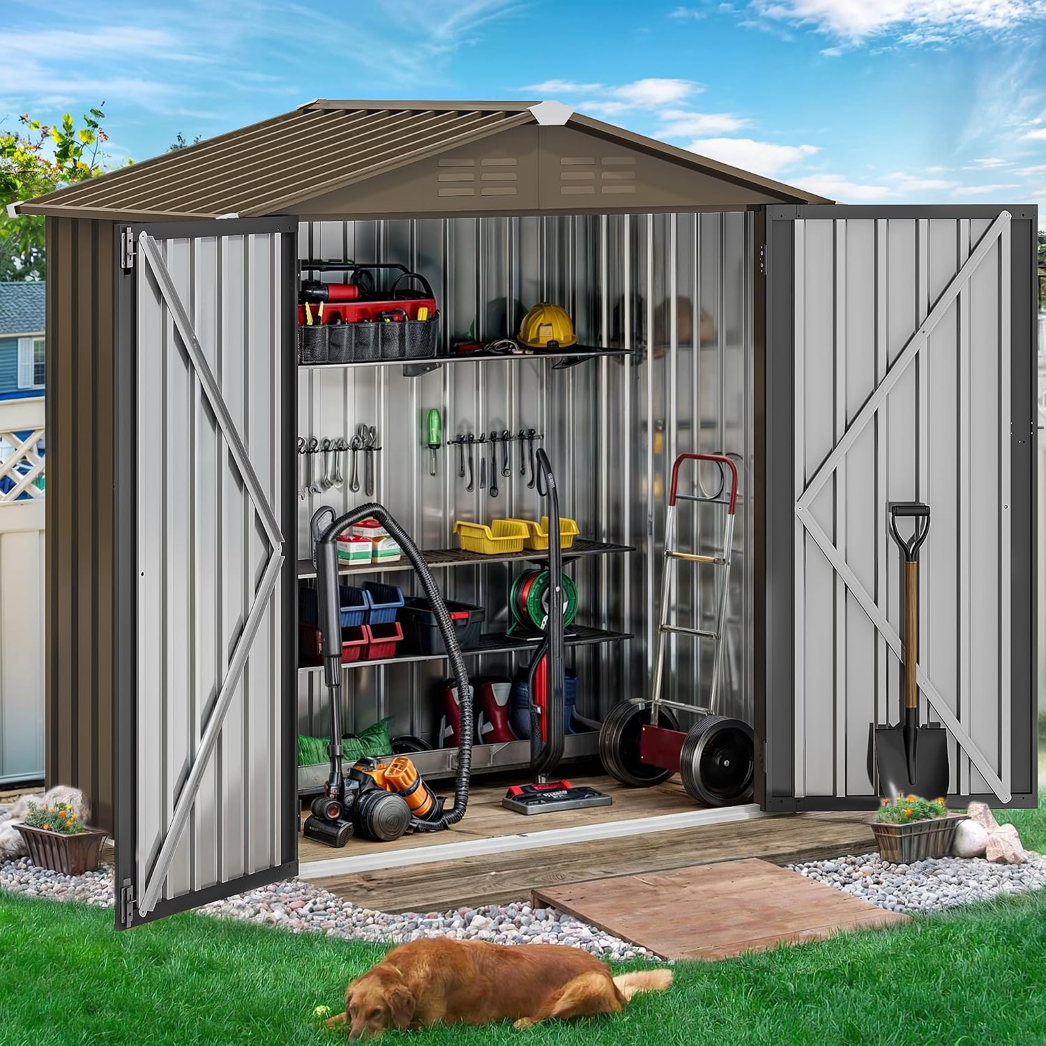 โรงเก็บของกลางแจ้งโลหะขนาด 6x4 - Gardening Tools In บทวิจารณ์และราคา